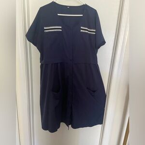 Chic Navy Button-Up Dress with Stripes